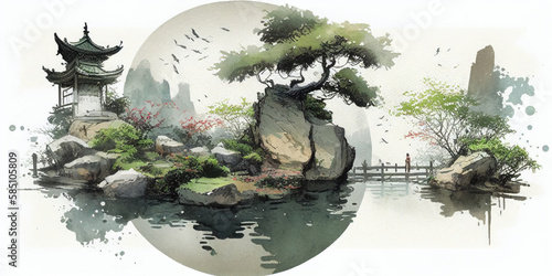 Chinese traditional ink painting of beautiful landscape  with pavilions and quiet lake admist the forest. Created by Generative AI technology.