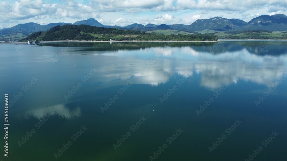 Aerial view of Liptovska Mara reservoir in Slovakia. Water surface