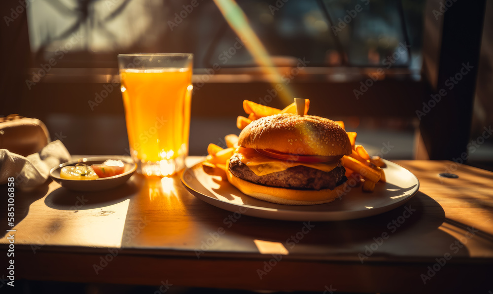 Burger and French fries on a plate. Glass of orange juice and vegetables beside. Tasty lunch on a wooden table in the sun rays. Generative AI.