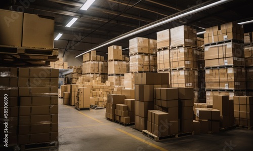 Warehouse interior with stacks of carton boxes. Storehouse commerce shipment. Shipping and logistics. Generative AI.