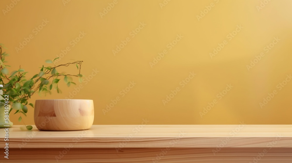 オーガニックコスメ、スキンケア、ビューティートリートメント製品のディスプレイのための背景の黄色の壁にぼかし緑のクリーパーツリー植物と花と日光で空の木製カウンタートップ、3DGenerativeAI