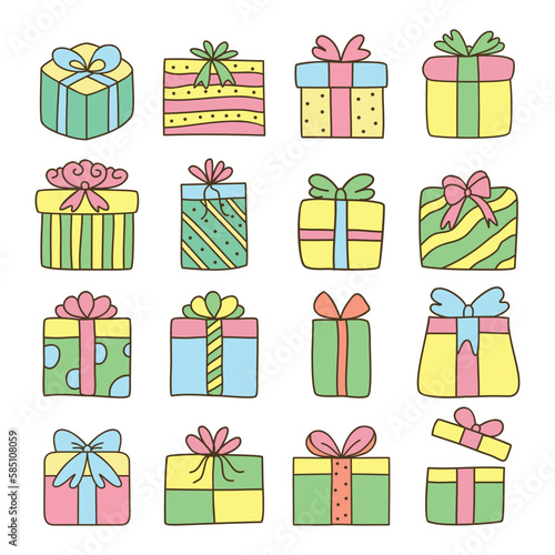 gift box doodle color icon set
