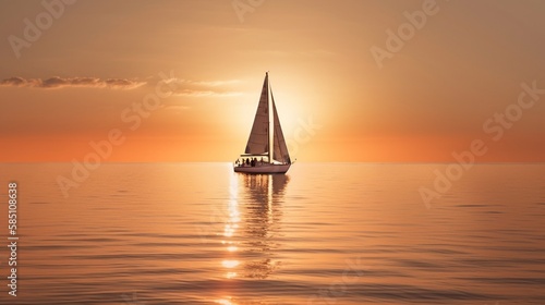 静かな海を進むヨットの魅惑的なイメージ。夕日に向かって航行GenerativeAI