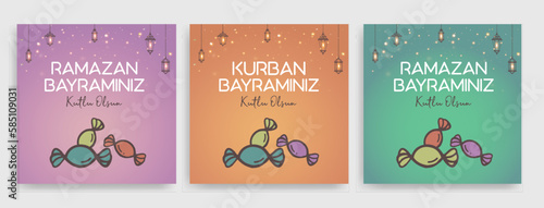 Holy Month of Muslim Community Ramadan Kareem, Feast of the Sacrifice greeting card, social media template, poster.(Turkish translation: Ramazan Bayramınız kutlu olsun. Kurban Bayramınız kutlu olsun.)