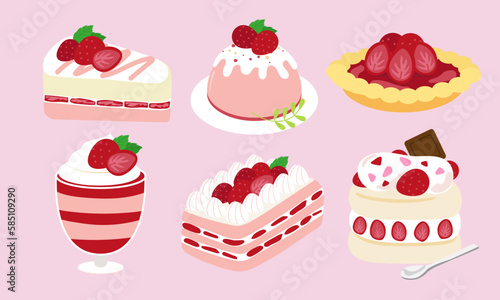 Series of strawberry dessert in flat color vector style