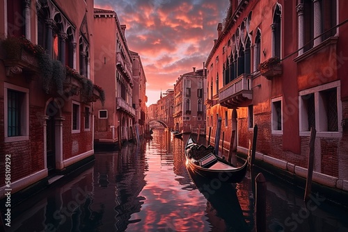 Gondola Gliding Through Venice Canal, Historic Colorful Buildings Reflect on Calm Water by Generative AI