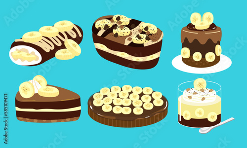Series of chocolate and banana dessert in flat color vector style