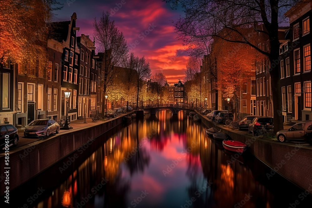 Amsterdam Canals at Sunset, Bold Colors and Stunning Views, Generative AI