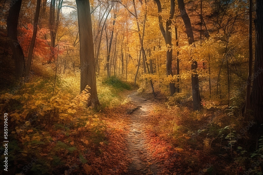 Peaceful Autumn Woodland Path, Vibrant Foliage, Generative AI
