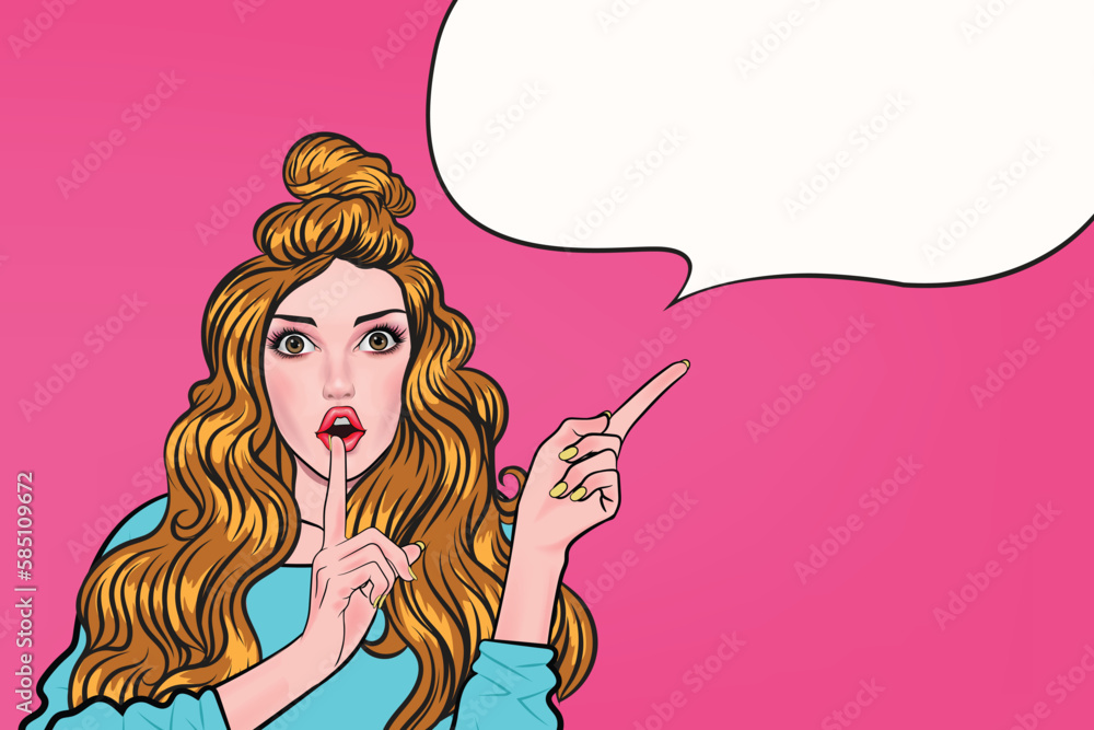 Surprised sexy woman with open mouth and pointing up on pink background Surprised sexy woman with open mouth and pointing up on pink background