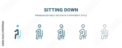 sitting down icon in 5 different style. Outline, filled, two color, thin sitting down icon isolated on white background. Editable vector can be used web and mobile