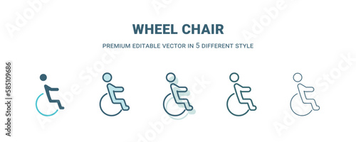 wheel chair icon in 5 different style. Outline, filled, two color, thin wheel chair icon isolated on white background. Editable vector can be used web and mobile