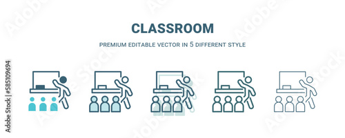 classroom icon in 5 different style. Outline, filled, two color, thin classroom icon isolated on white background. Editable vector can be used web and mobile