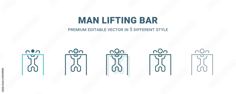 man lifting bar icon in 5 different style. Outline, filled, two color, thin man lifting bar icon isolated on white background. Editable vector can be used web and mobile