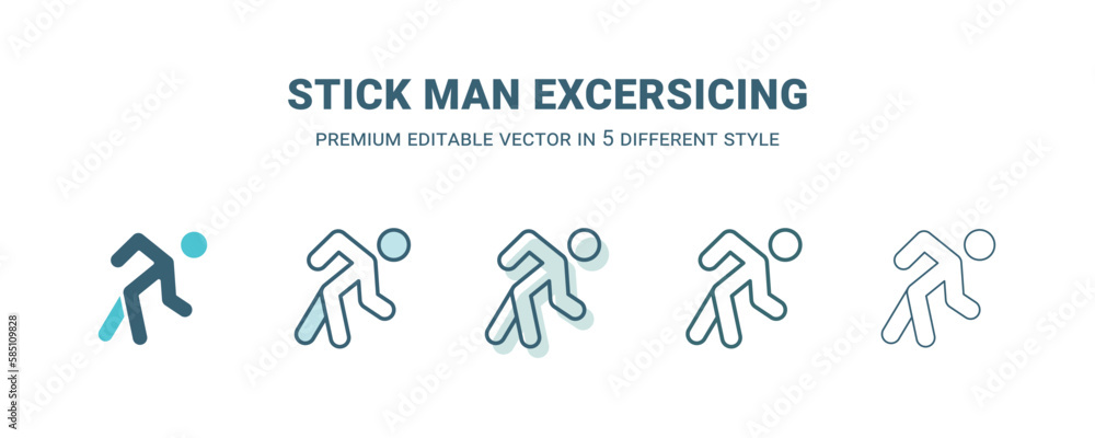 stick man excersicing icon in 5 different style. Outline, filled, two color, thin stick man excersicing icon isolated on white background. Editable vector can be used web and mobile