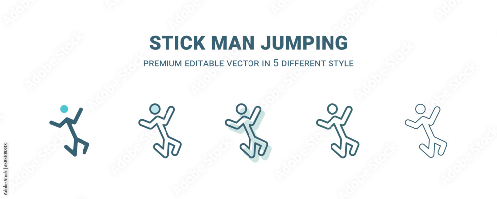 stick man jumping icon in 5 different style. Outline, filled, two color, thin stick man jumping icon isolated on white background. Editable vector can be used web and mobile