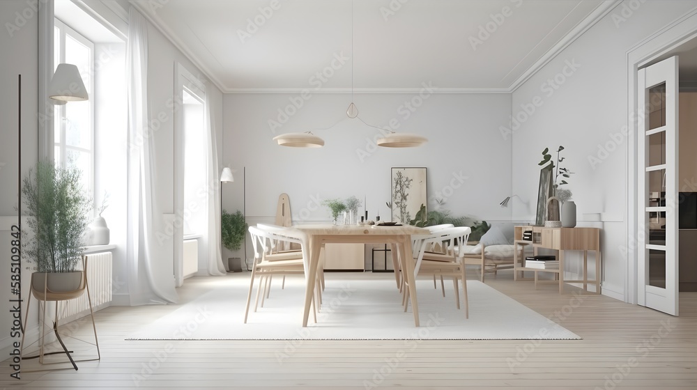 Fototapeta premium Mid century modern dining room with picture frame on the wall retro chairs table and hanging lamps