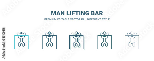 man lifting bar icon in 5 different style. Outline  filled  two color  thin man lifting bar icon isolated on white background. Editable vector can be used web and mobile