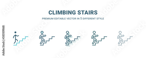 climbing stairs icon in 5 different style. Outline  filled  two color  thin climbing stairs icon isolated on white background. Editable vector can be used web and mobile