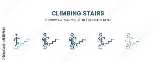 climbing stairs icon in 5 different style. Outline, filled, two color, thin climbing stairs icon isolated on white background. Editable vector can be used web and mobile