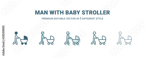 man with baby stroller icon in 5 different style. Outline, filled, two color, thin man with baby stroller icon isolated on white background. Editable vector can be used web and mobile