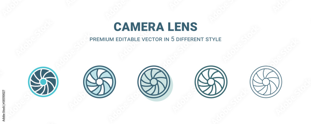 camera lens icon in 5 different style. Outline, filled, two color, thin camera lens icon isolated on white background. Editable vector can be used web and mobile camera lens icon in 5 different style. Outline, filled, two color, thin camera lens icon isolated on white background. Editable vector can be used web and mobile
