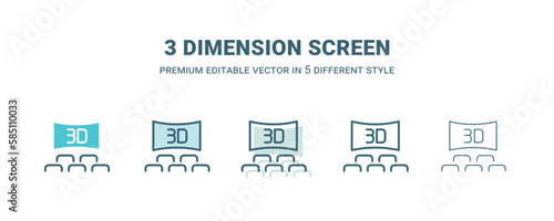 3 dimension screen icon in 5 different style. Outline, filled, two color, thin 3 dimension screen icon isolated on white background. Editable vector can be used web and mobile