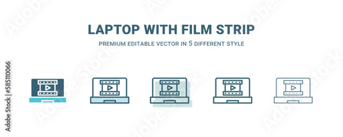 laptop with film strip icon in 5 different style. Outline, filled, two color, thin laptop with film strip icon isolated on white background. Editable vector can be used web and mobile