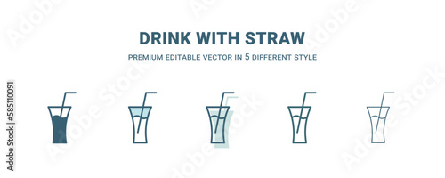 drink with straw icon in 5 different style. Outline  filled  two color  thin drink with straw icon isolated on white background. Editable vector can be used web and mobile