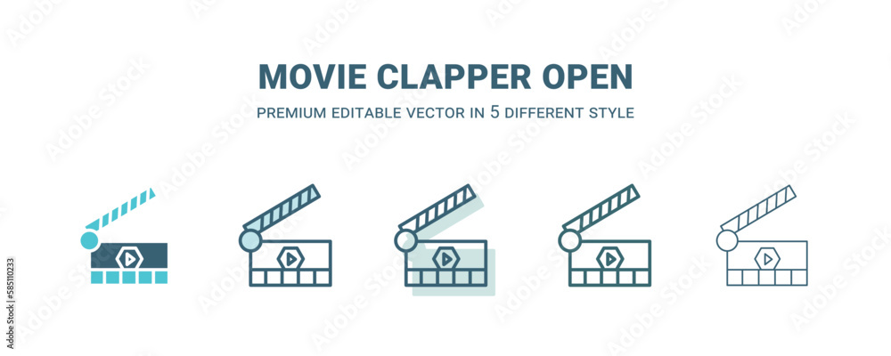 movie clapper open icon in 5 different style. Outline, filled, two color, thin movie clapper open icon isolated on white background. Editable vector can be used web and mobile