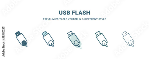 usb flash icon in 5 different style. Outline, filled, two color, thin usb flash icon isolated on white background. Editable vector can be used web and mobile