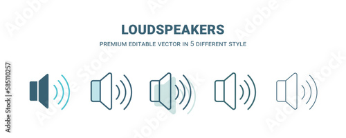 loudspeakers icon in 5 different style. Outline, filled, two color, thin loudspeakers icon isolated on white background. Editable vector can be used web and mobile