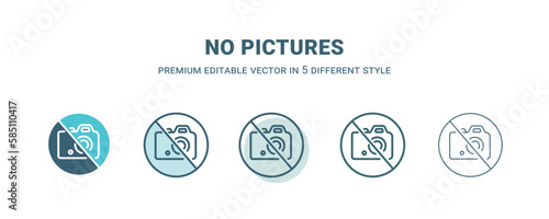 no pictures icon in 5 different style. Outline, filled, two color, thin no pictures icon isolated on white background. Editable vector can be used web and mobile