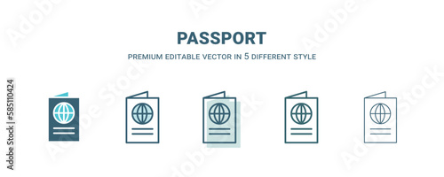 passport icon in 5 different style. Outline, filled, two color, thin passport icon isolated on white background. Editable vector can be used web and mobile