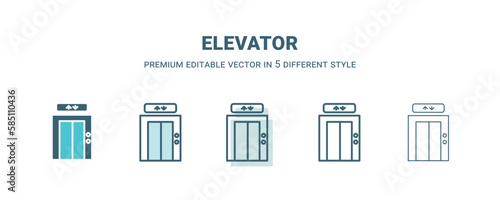 elevator icon in 5 different style. Outline, filled, two color, thin elevator icon isolated on white background. Editable vector can be used web and mobile