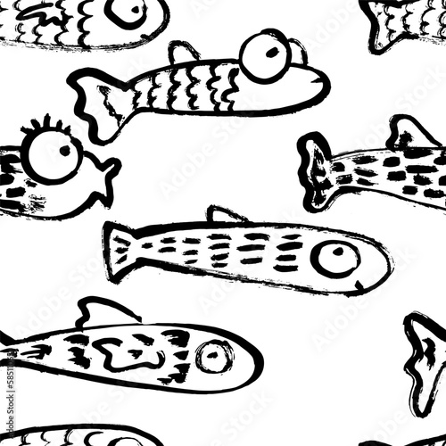 Abstract Seamless Dry Brush Pattern with Fish
