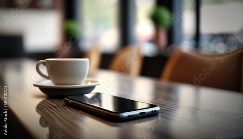 Phone On The Table Modern Minimal Cafe. Generative AI