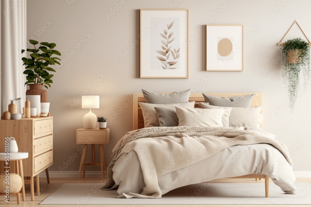 Fototapeta premium Interior of modern bedroom with mock up poster frame