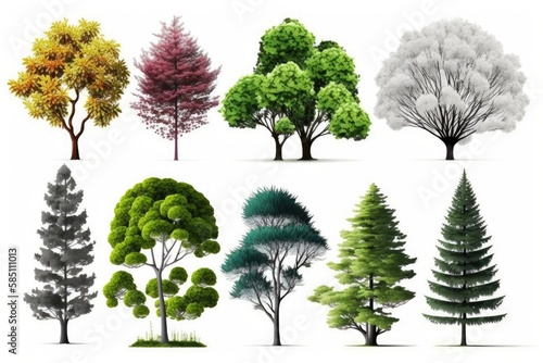 Collection of different trees isolated on white background