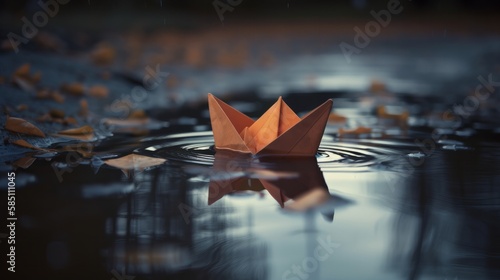 Paper boat in a puddle. Realistic AI generative.