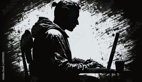 Silhouette of a person working on a computer. AI generative. Black and white.