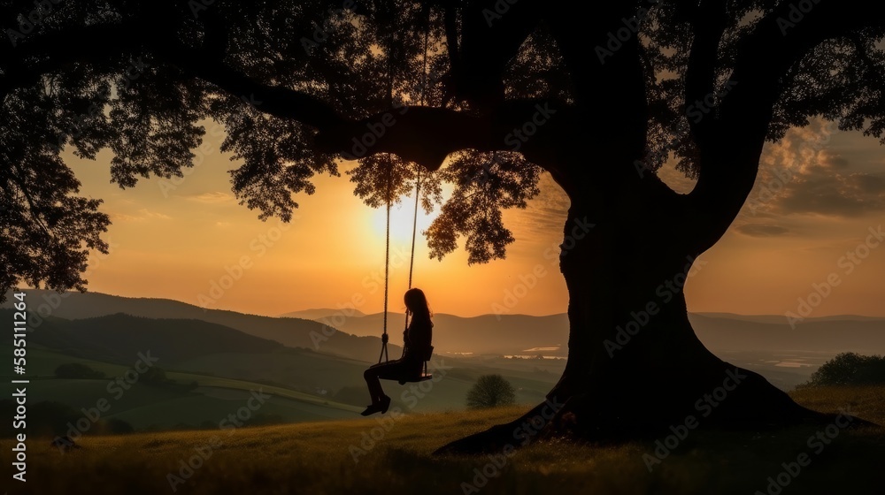 silhouette of a young girl riding on a swing at sunset on a background of trees. Generative AI.
