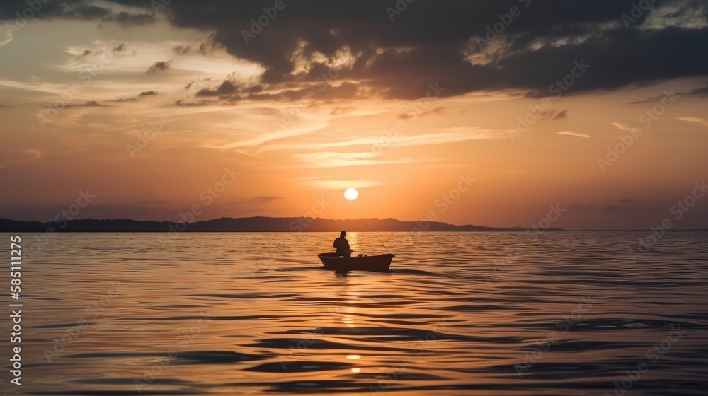 Silhouette of a lonely fisherman in the sea on the boat with beautiful sunset. Generative AI.