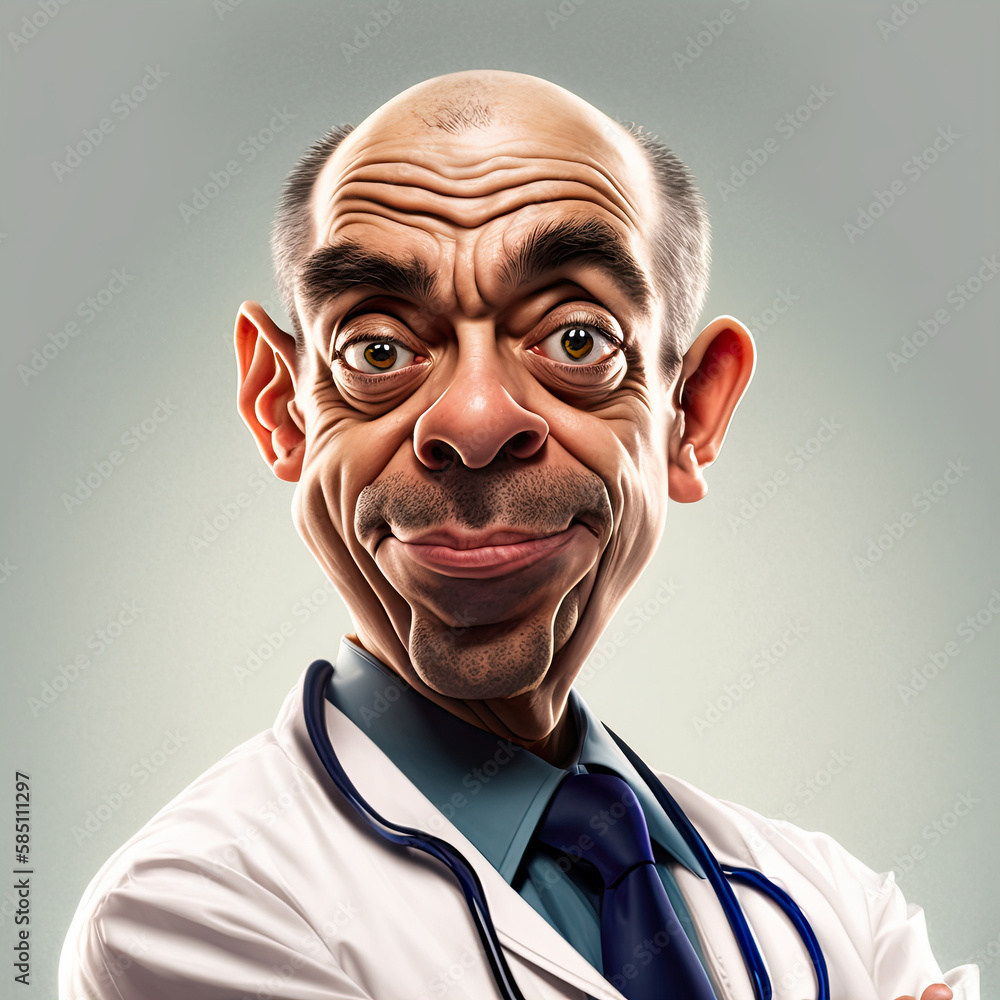 Humorous illustration of an old male doctor in a white coat. Сreated with Generative AI technology.