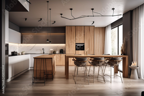 3d rendering beautiful kitchen with dining table, in luxury scandinavian apartment, fine furniture, nice color combination generative by AI Tools, 