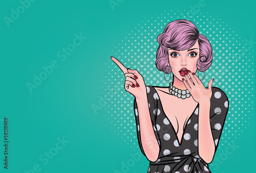 Pop art woman pointing finger showing copy space, vintage advertising poster with fashion girl. Color dots.