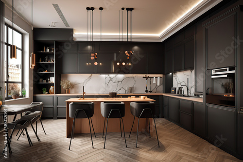 Side view on the luxury dining table and chairs in stylish kitchen room with wooden floor and wall part, great city view from big window and light kitchen set and ceiling. 3D rendering, generative AI © MrNobody