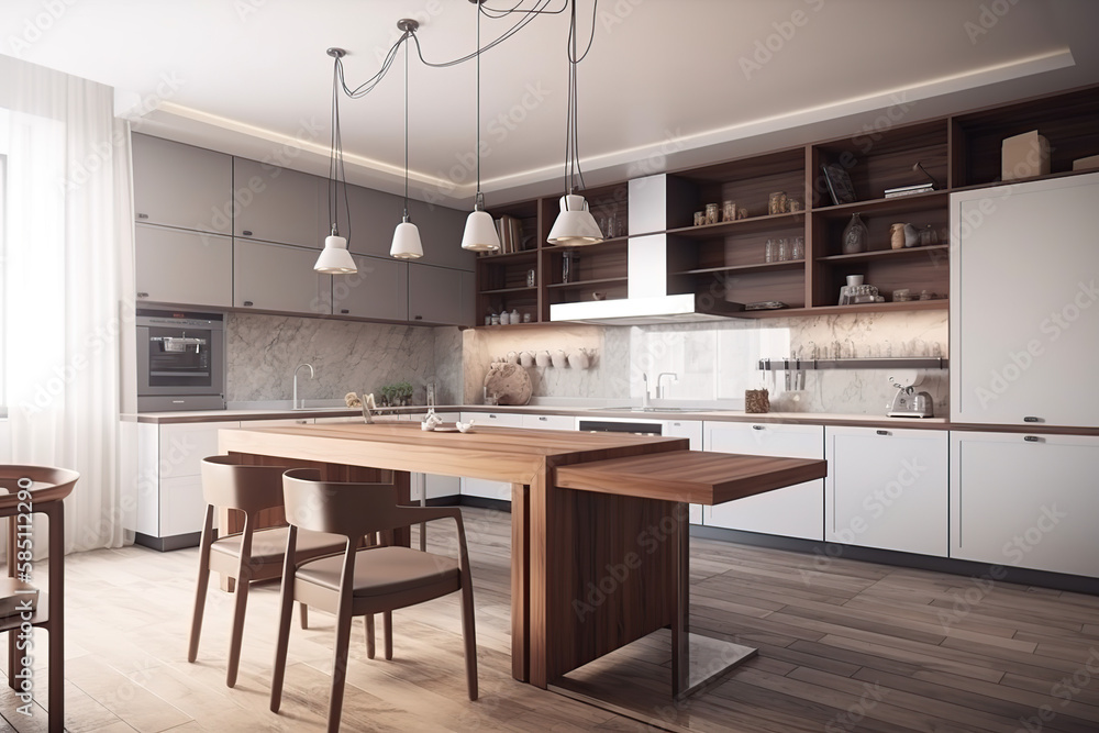 Side view on the luxury dining table and chairs in stylish kitchen room with wooden floor and wall part, great city view from big window and light kitchen set and ceiling. 3D rendering, generative AI Side view on the luxury dining table and chairs in stylish kitchen room with wooden floor and wall part, great city view from big window and light kitchen set and ceiling. 3D rendering, generative AI