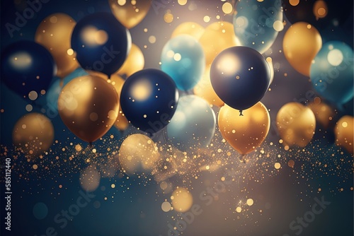 background of balloons. Realism  gold  blue  gold glitter. Illustration. AI