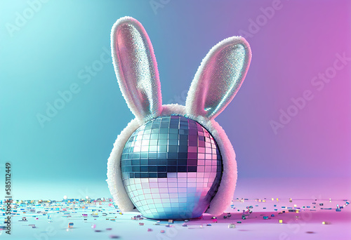 Disco ball wearing white rabbit ears for celebration Easter Day of Nightclub in pastel background, AI Generated. photo